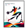 Poster showing stylized basketball artwork with Paris skyline, modern graphic print - in a black frame