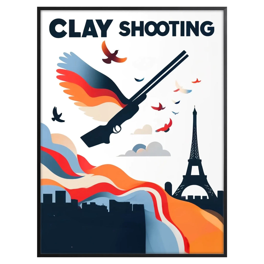 Poster showing ball-trap shooter illustration in dynamic vintage style, Paris