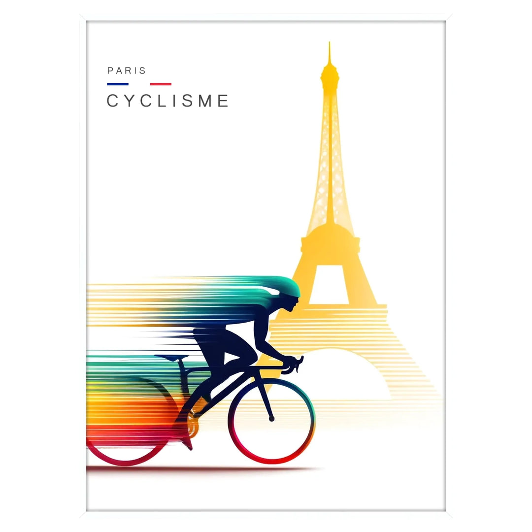 A colorful illustration of bicycles against a Paris skyline - in a white frame