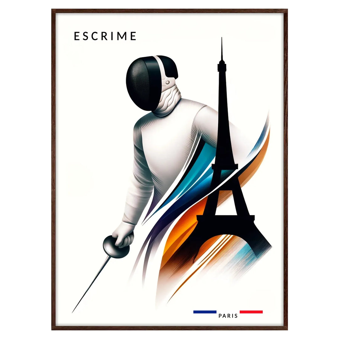 Fencing athletes in action against a backdrop of the Eiffel Tower - in a walnut frame