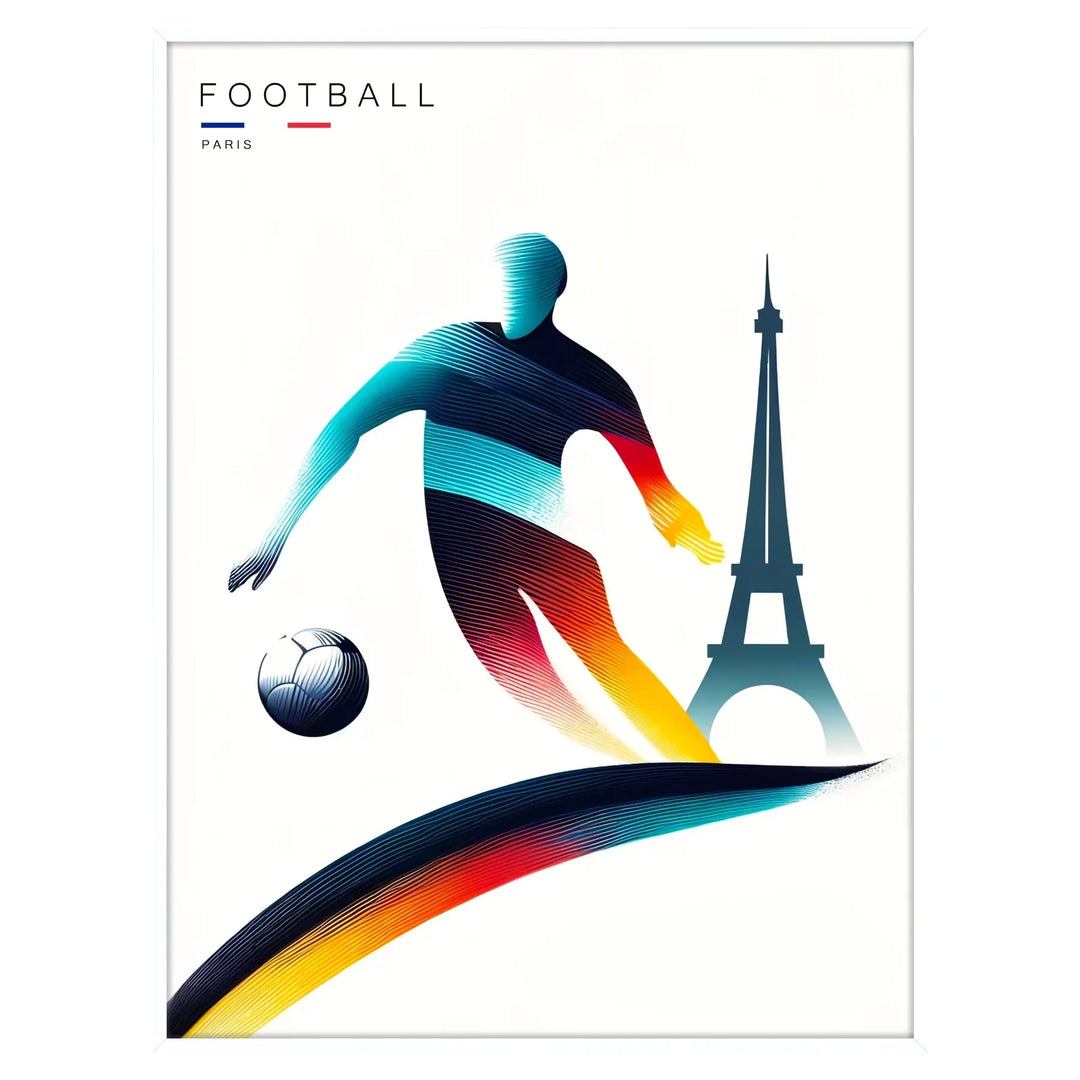 A football player in action during the Paris Olympics, bold colors. - in a white frame