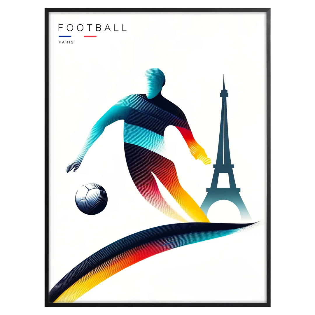 A football player in action during the Paris Olympics, bold colors.