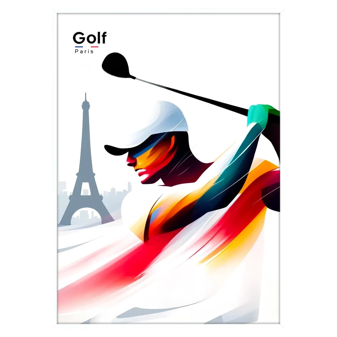 Golf players in action against a backdrop of the Eiffel Tower - in a white frame