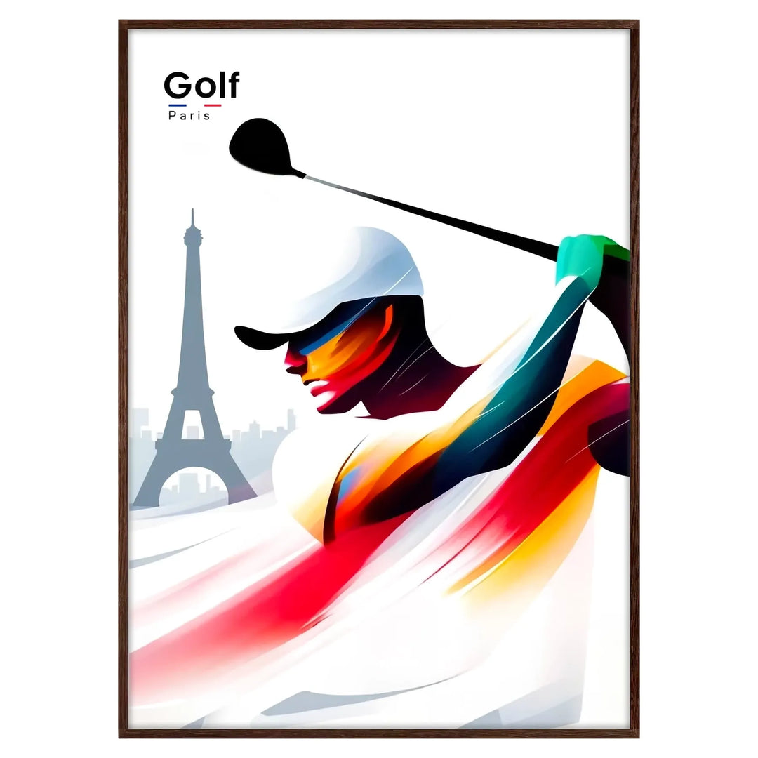 Golf players in action against a backdrop of the Eiffel Tower - in a walnut frame