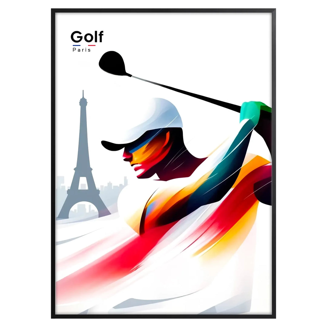 Golf players in action against a backdrop of the Eiffel Tower