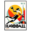 Dynamic handball player in action with Paris skyline backdrop - in a black frame