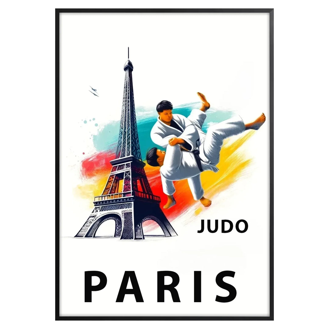 Dynamic judo athletes in action during the Paris Olympics, with bold colors