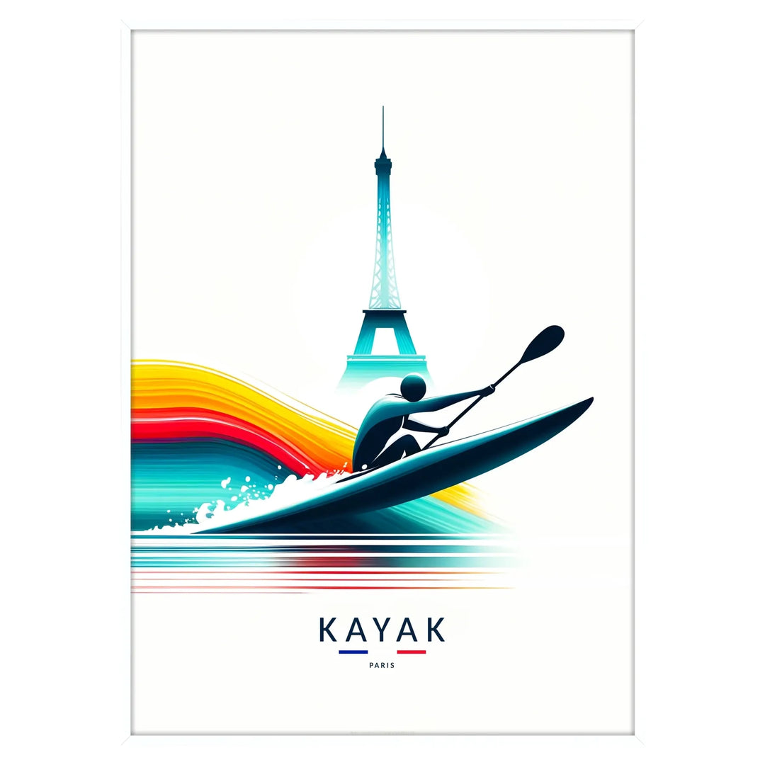 Colorful illustration of a kayak in front of the Eiffel Tower - in a white frame