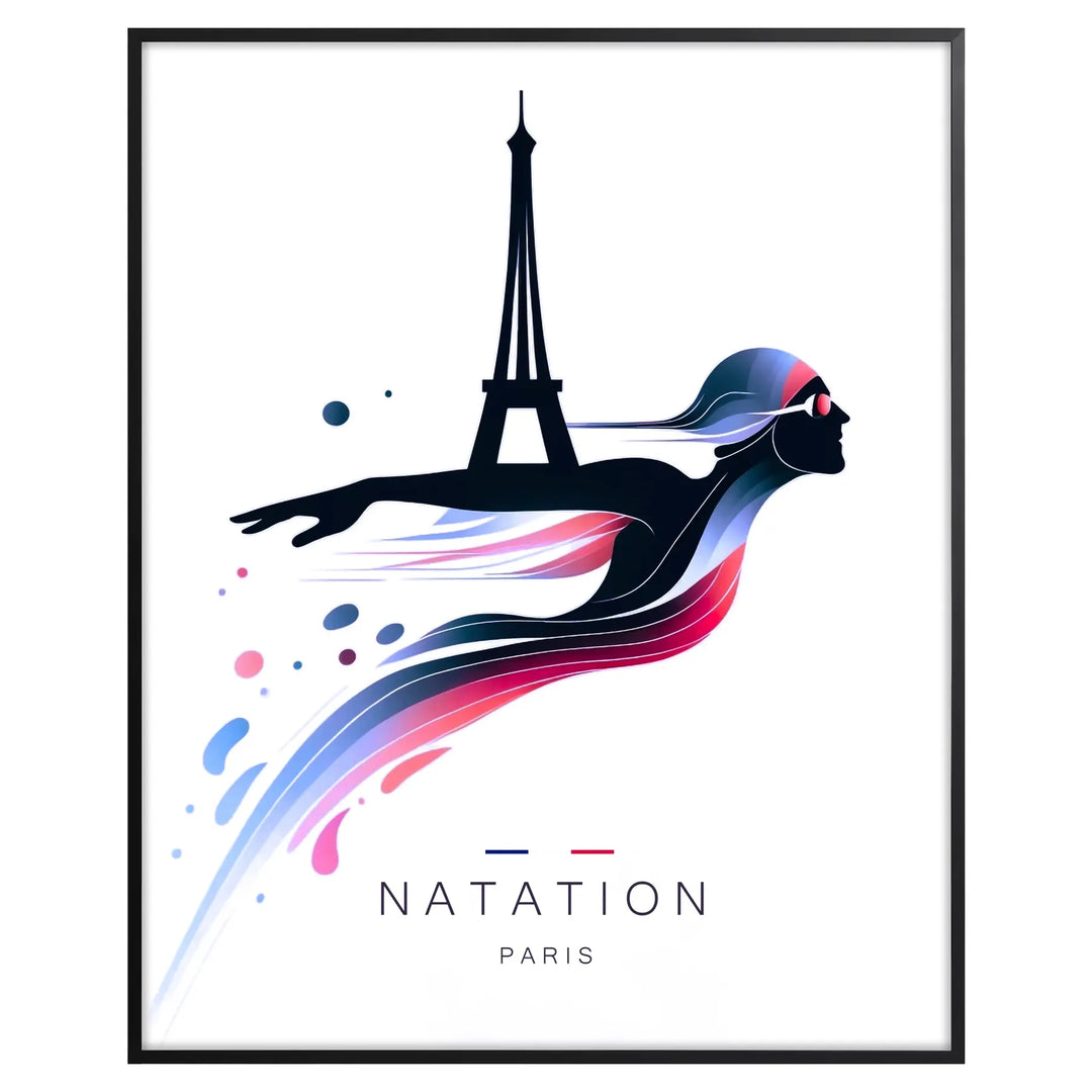 A dynamic swimming scene featuring athletes competing at the Paris Olympics, with blue and green tones.