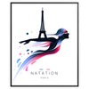 A dynamic swimming scene featuring athletes competing at the Paris Olympics, with blue and green tones. - in a black frame