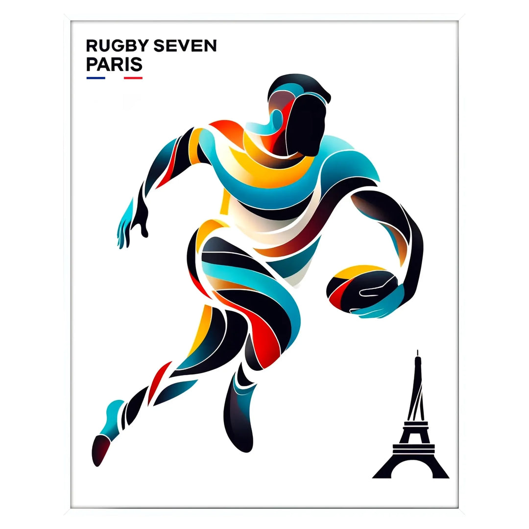 Dynamic rugby players in action during the Paris Olympics, bold colors - in a white frame