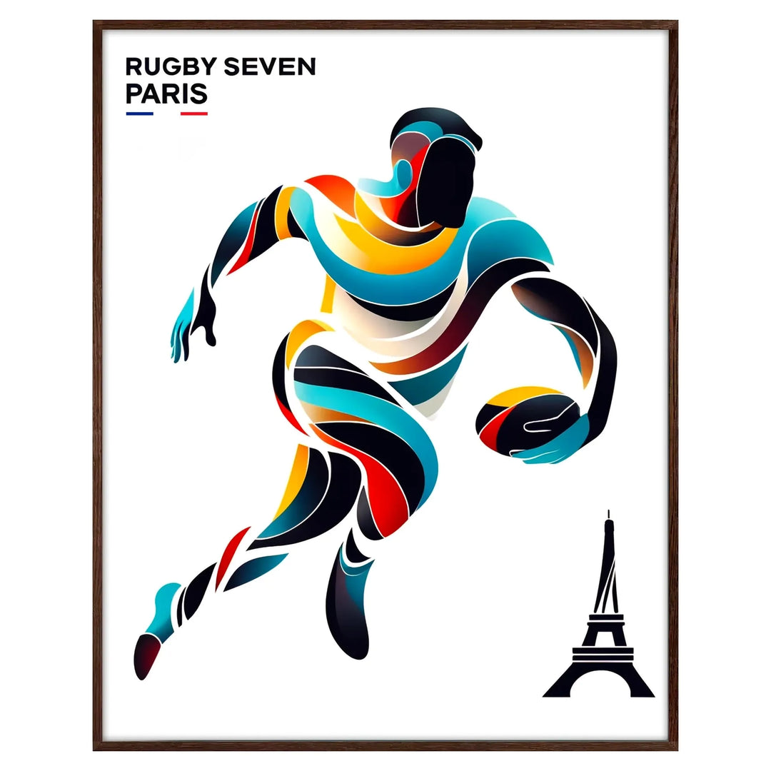Dynamic rugby players in action during the Paris Olympics, bold colors - in a walnut frame