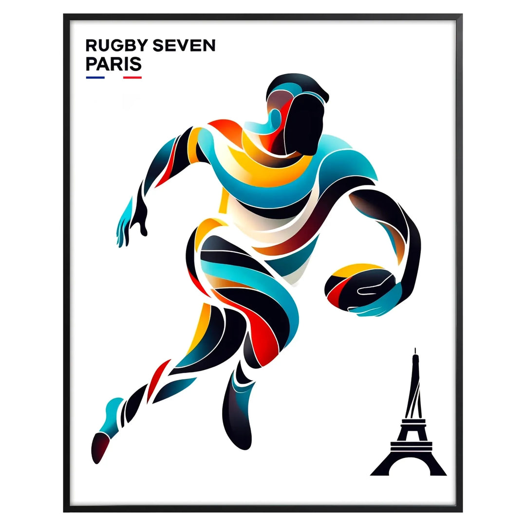 Dynamic rugby players in action during the Paris Olympics, bold colors