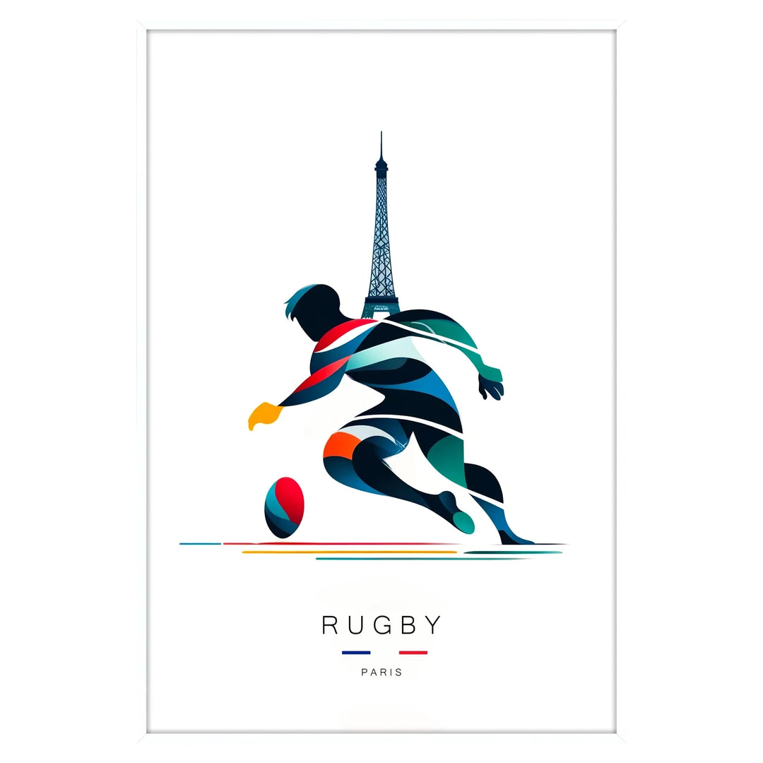Rugby players in action during the Paris 2024 Olympics, dynamic composition - in a white frame