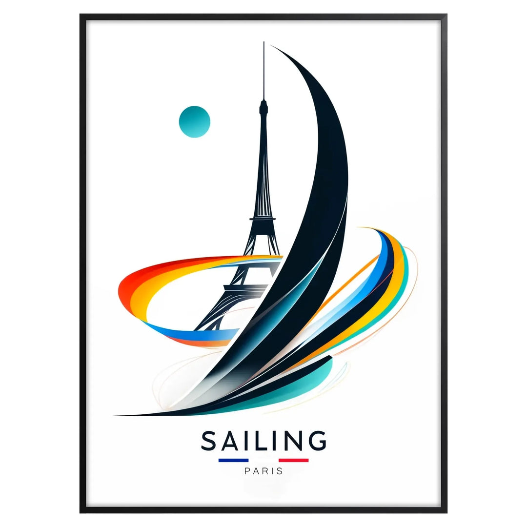 Sailing scene with the Eiffel Tower in the background, colorful and dynamic
