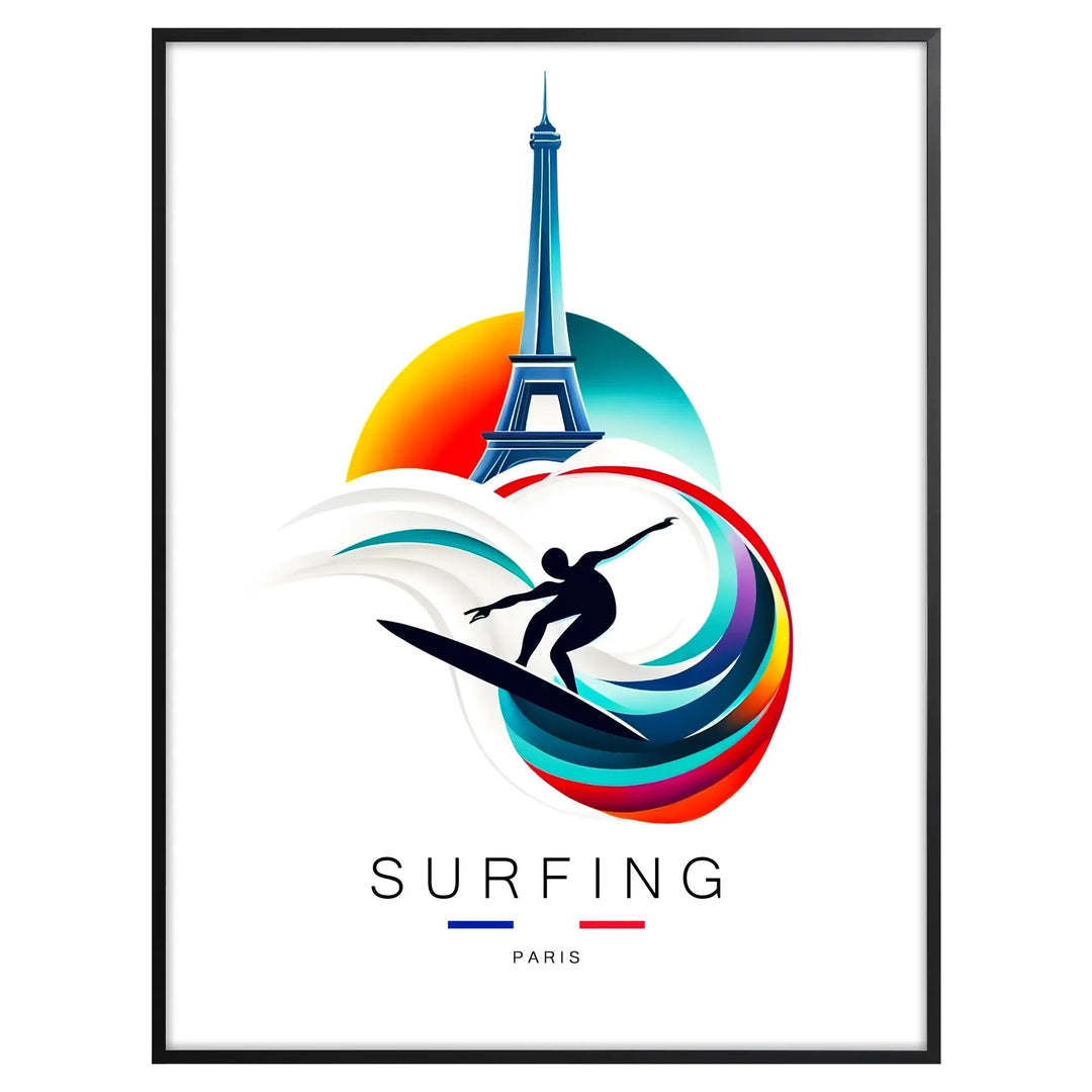 A dynamic surfing scene with bold colors, showcasing athleticism against a Paris backdrop