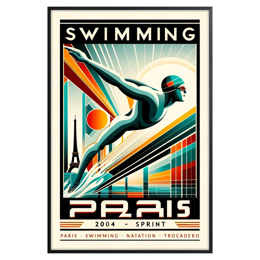 Dynamic swimmer in action, representing the 2024 Paris Olympics, with blue and white tones