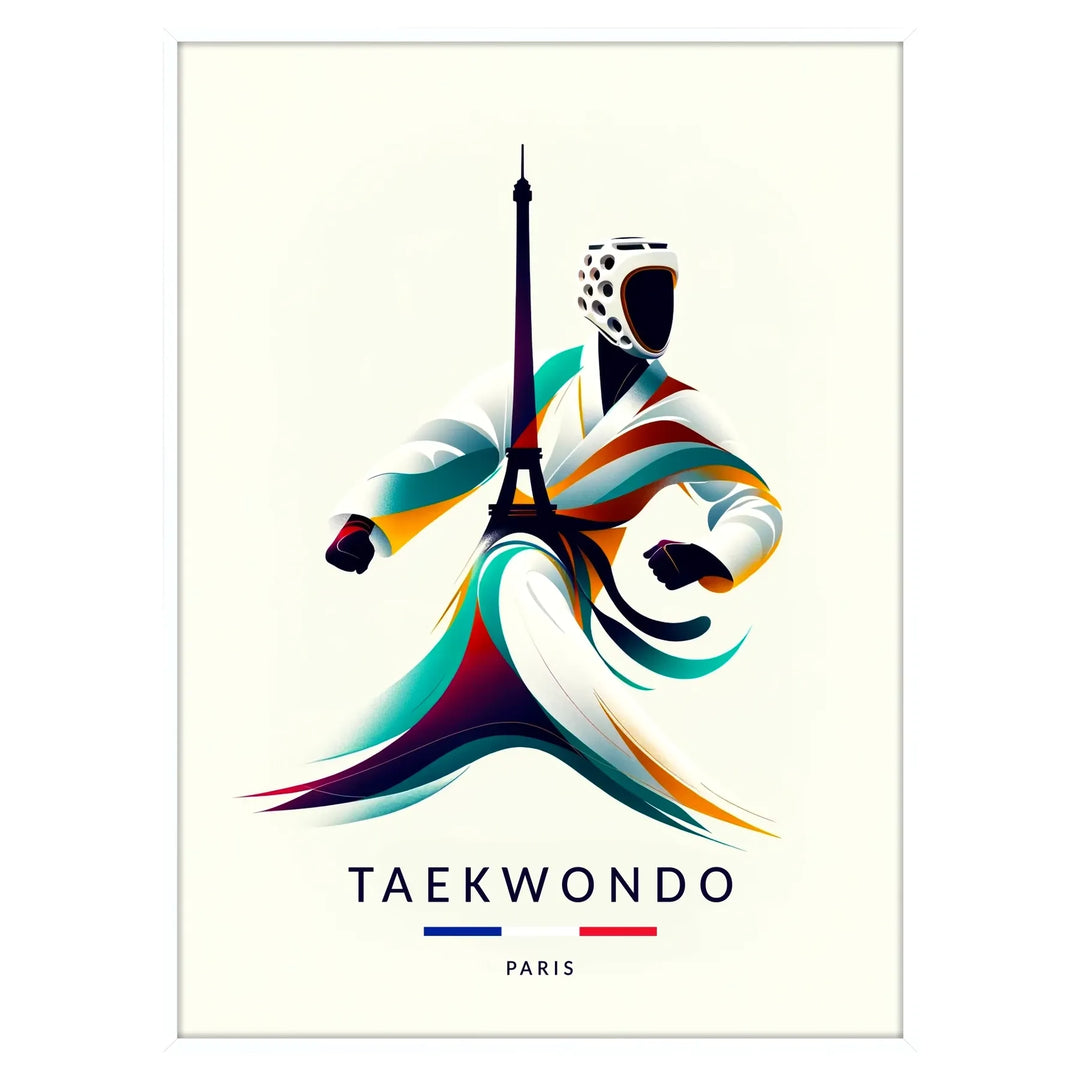 Dynamic taekwondo figure in action against a colorful Paris backdrop - in a white frame
