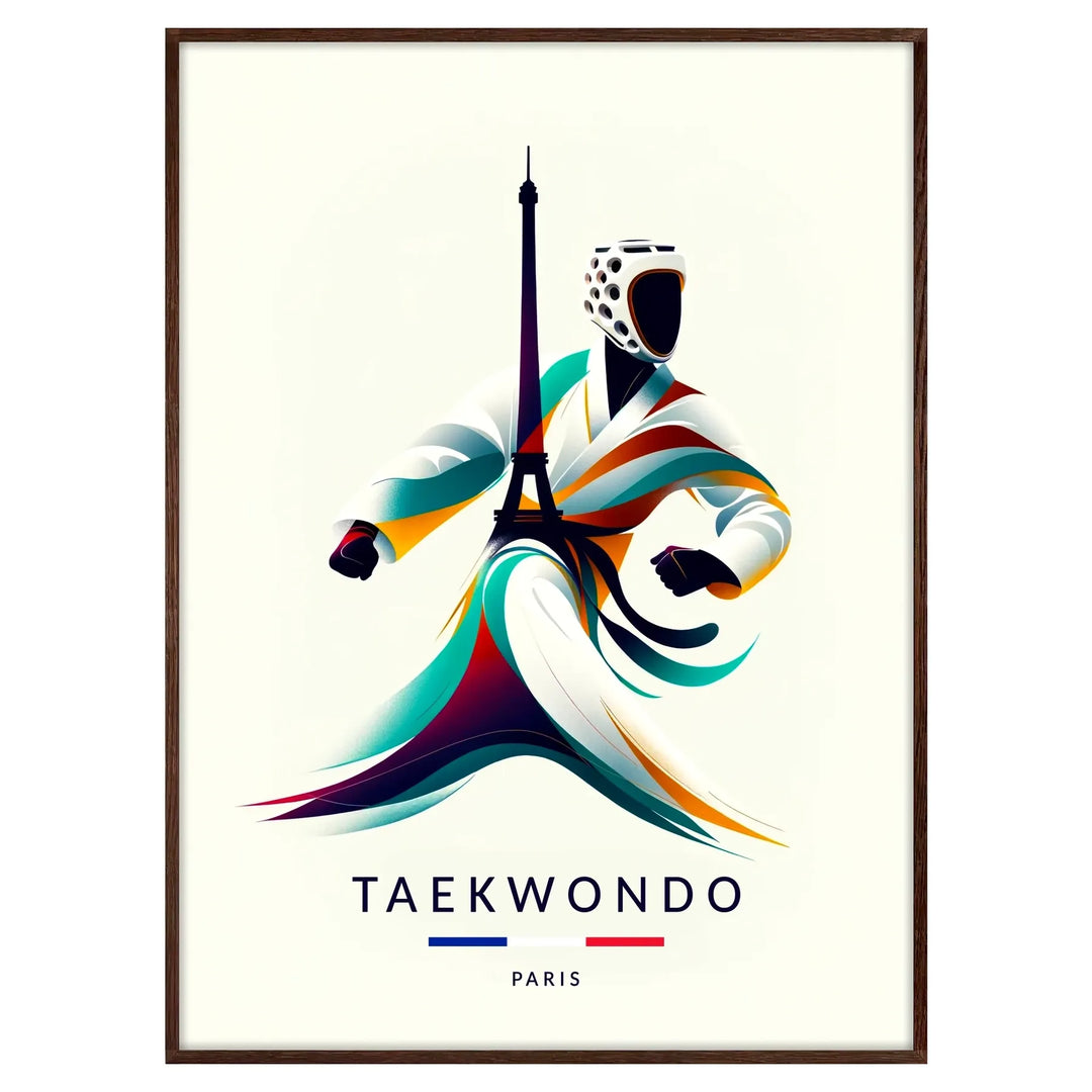 Dynamic taekwondo figure in action against a colorful Paris backdrop - in a walnut frame