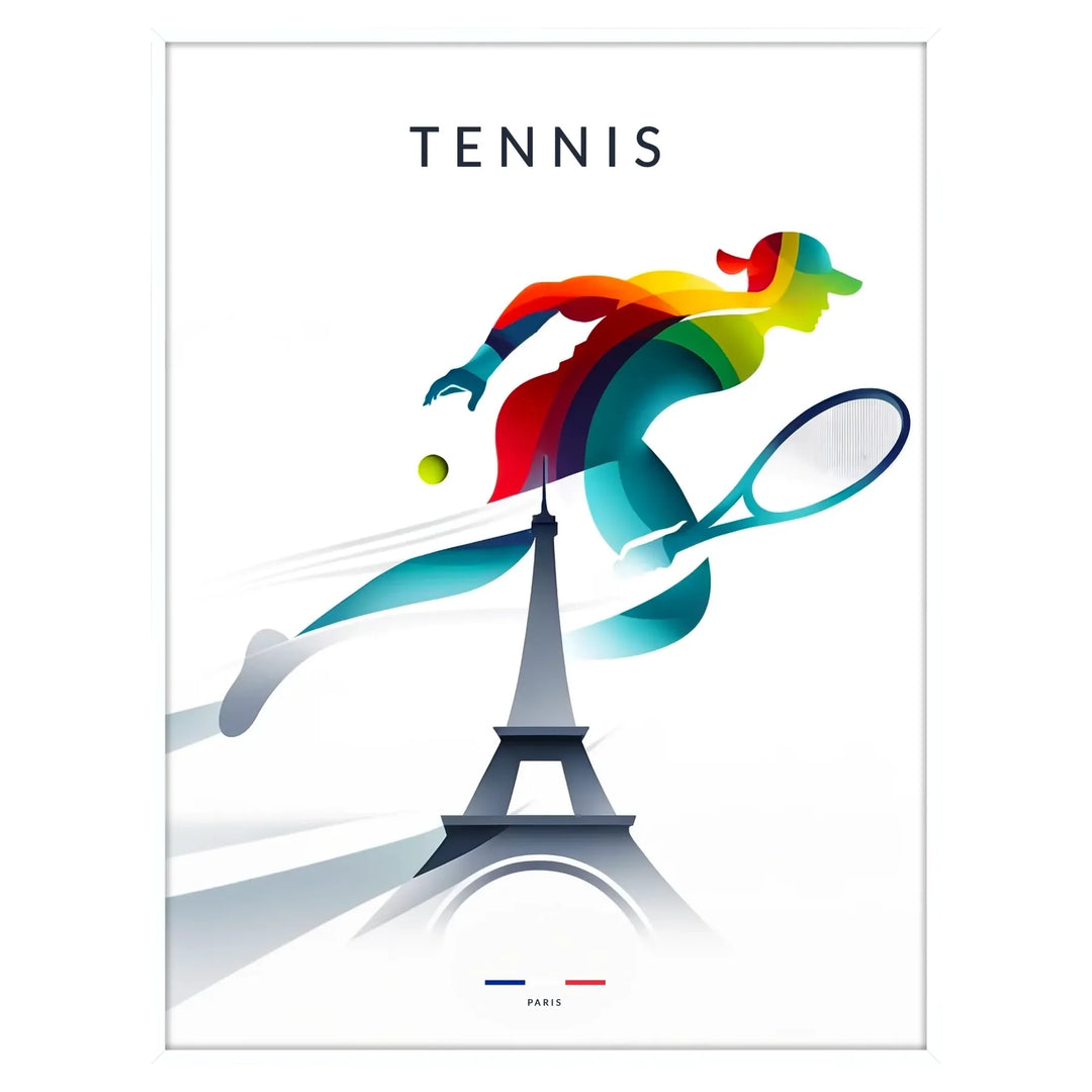 Tennis players in action at Roland Garros, with the Eiffel Tower in the background - in a white frame