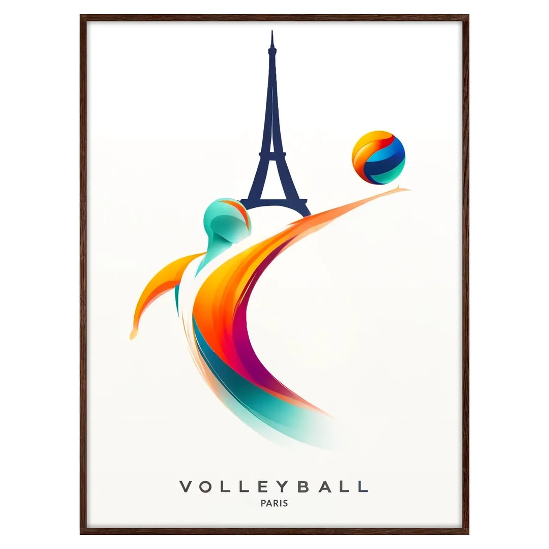 Dynamic volleyball player in action against a Paris skyline backdrop - in a walnut frame