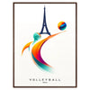 Dynamic volleyball player in action against a Paris skyline backdrop - in a walnut frame