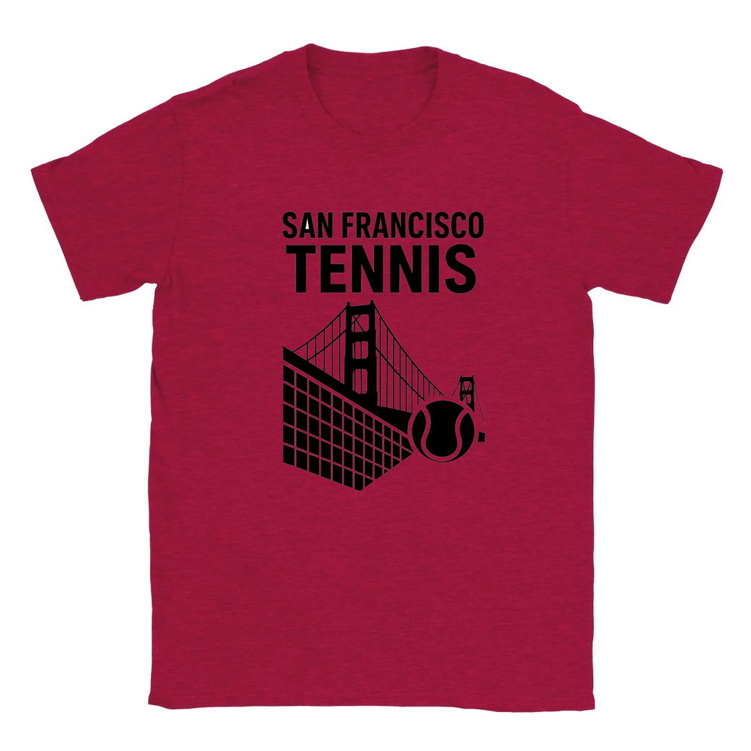 T-shirt featuring a graphic of San Francisco's iconic skyline with tennis elements