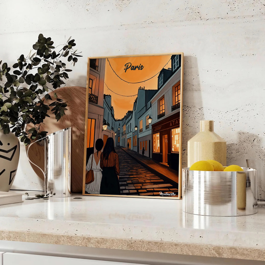 Montmartre poster with stylized illustration of Paris in green and orange
