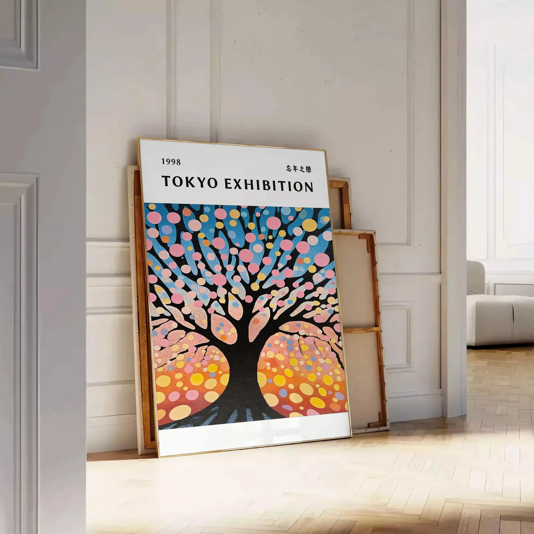 Poster de árvore de cerejeira estilo Yayoi, tons verdes e laranja