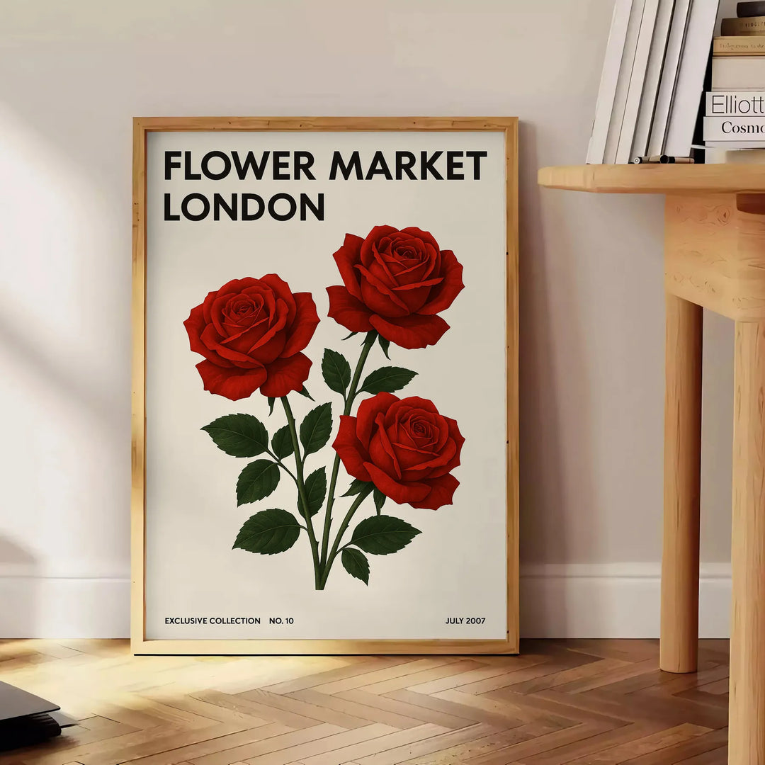 Illustrazione floreale nera e rossa di un mercato dei fiori a Londra