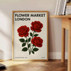 Illustrazione floreale nera e rossa di un mercato dei fiori a Londra