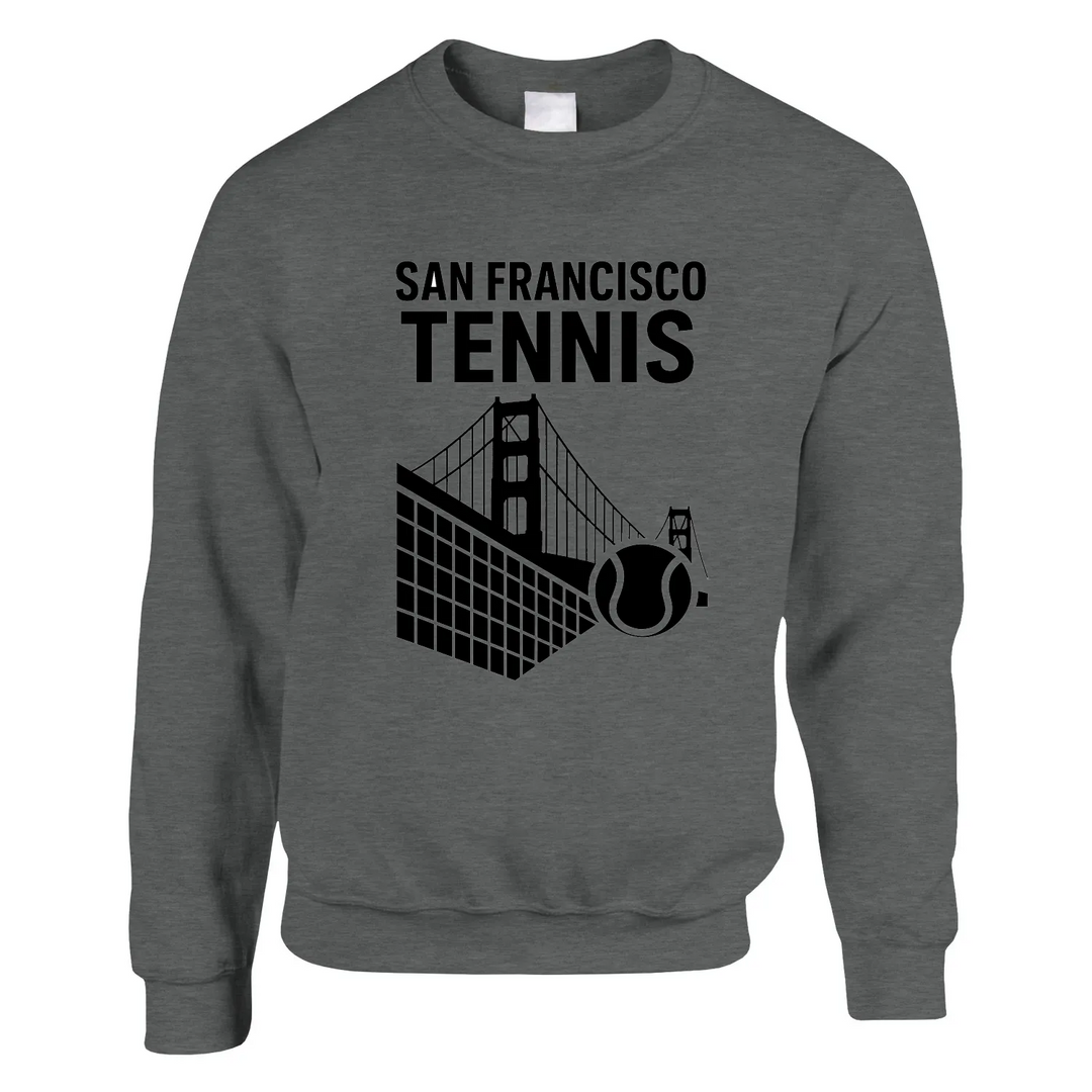 Unisex sweater featuring a graphic of tennis elements with San Francisco skyline