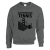 Unisex sweater featuring a graphic of tennis elements with San Francisco skyline