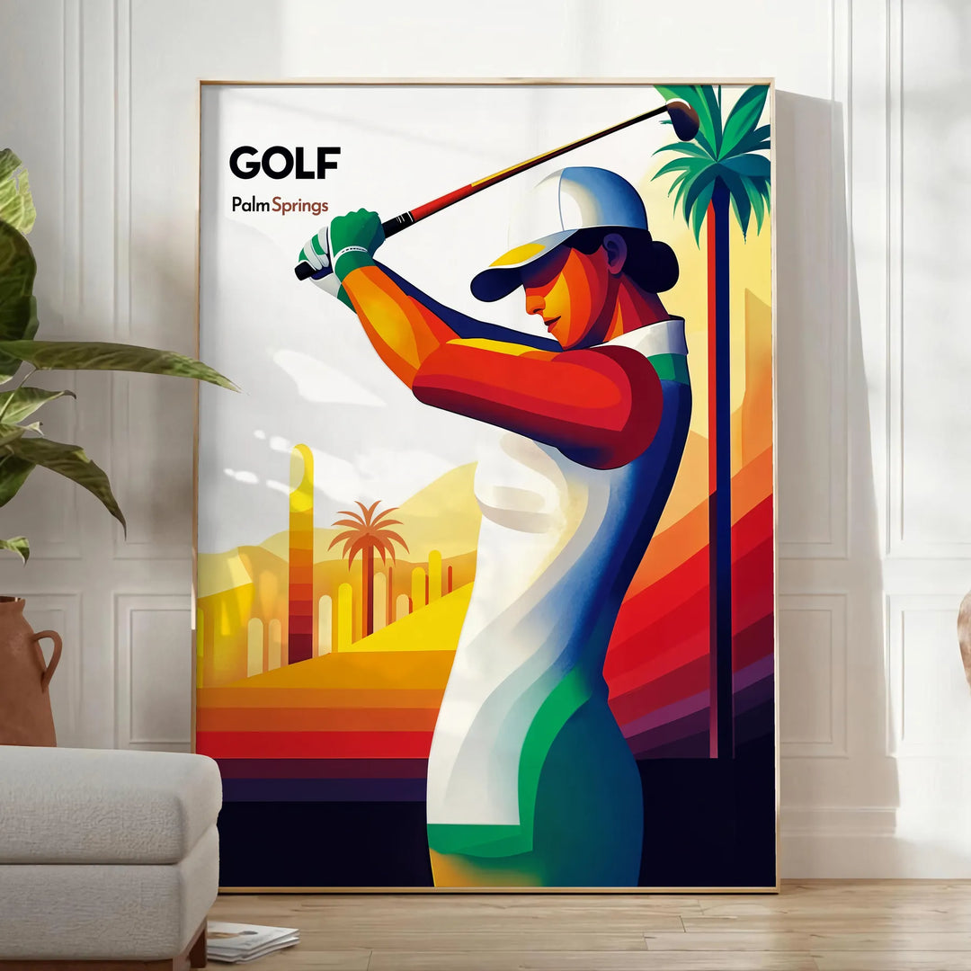 Vintage illustration of Palm Springs, California with a black palm silhouette against an orange sunset