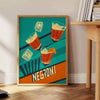Minimalist Negroni cocktail poster with abstract orange and green geometric shapes