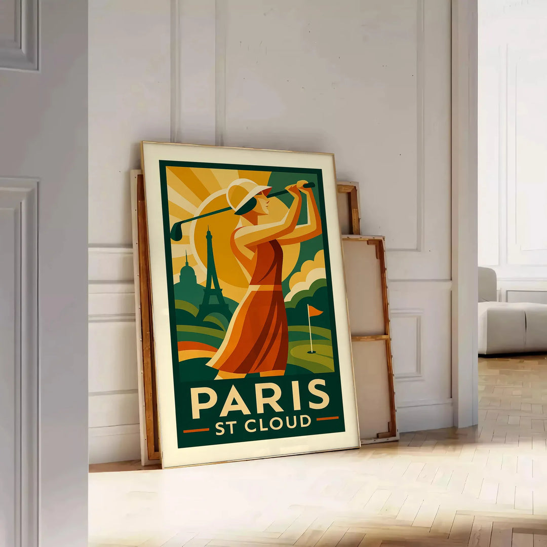 Ilustração de um campo de golfe em St. Cloud, Paris, com tons verdes e vermelhos