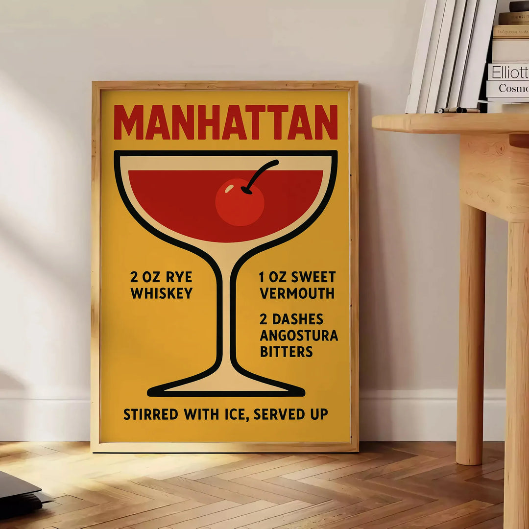 Poster showing minimalist Manhattan cocktail illustration in red and black colors