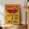 Poster showing minimalist Manhattan cocktail illustration in red and black colors
