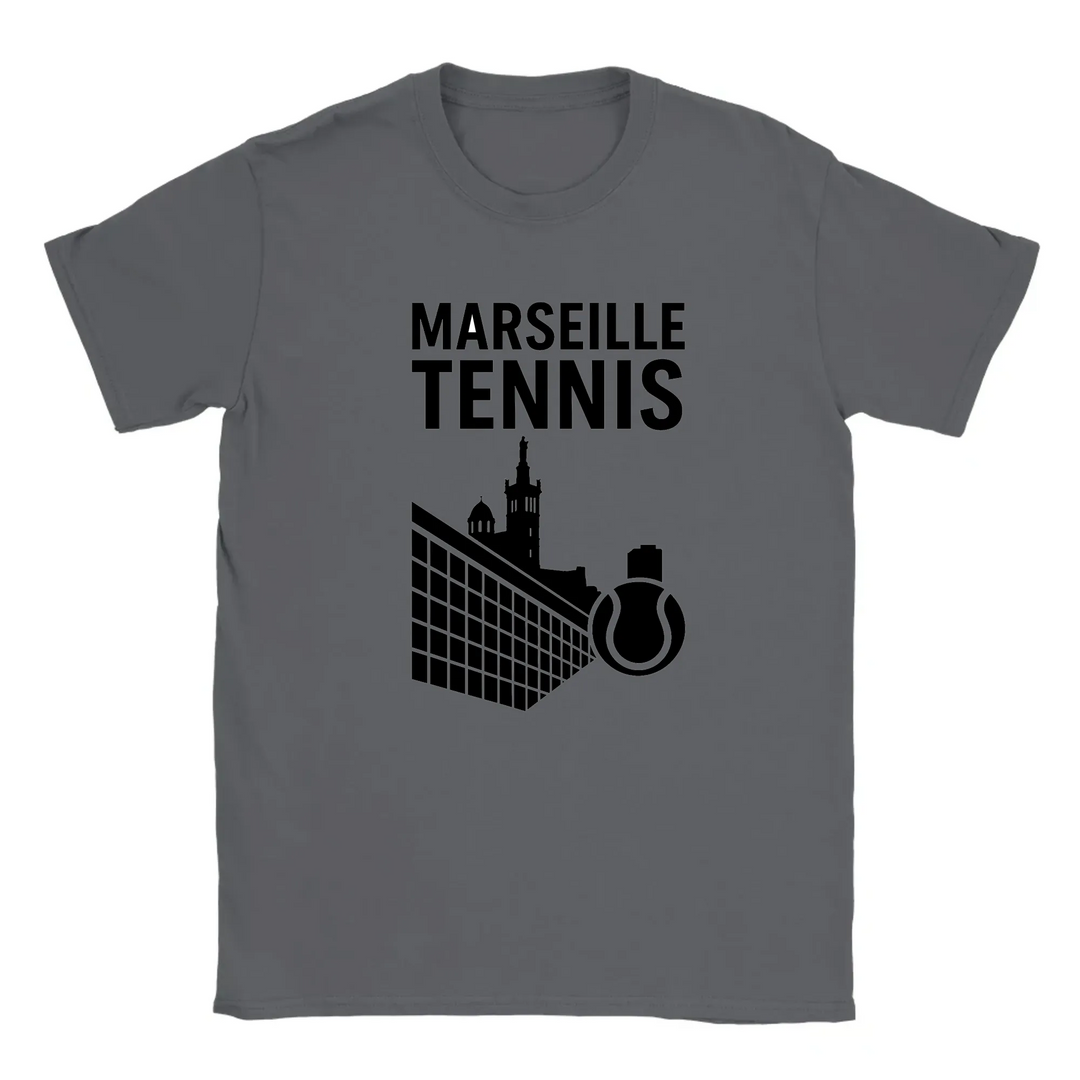 T-shirt featuring a graphic of tennis players in action with Marseille text