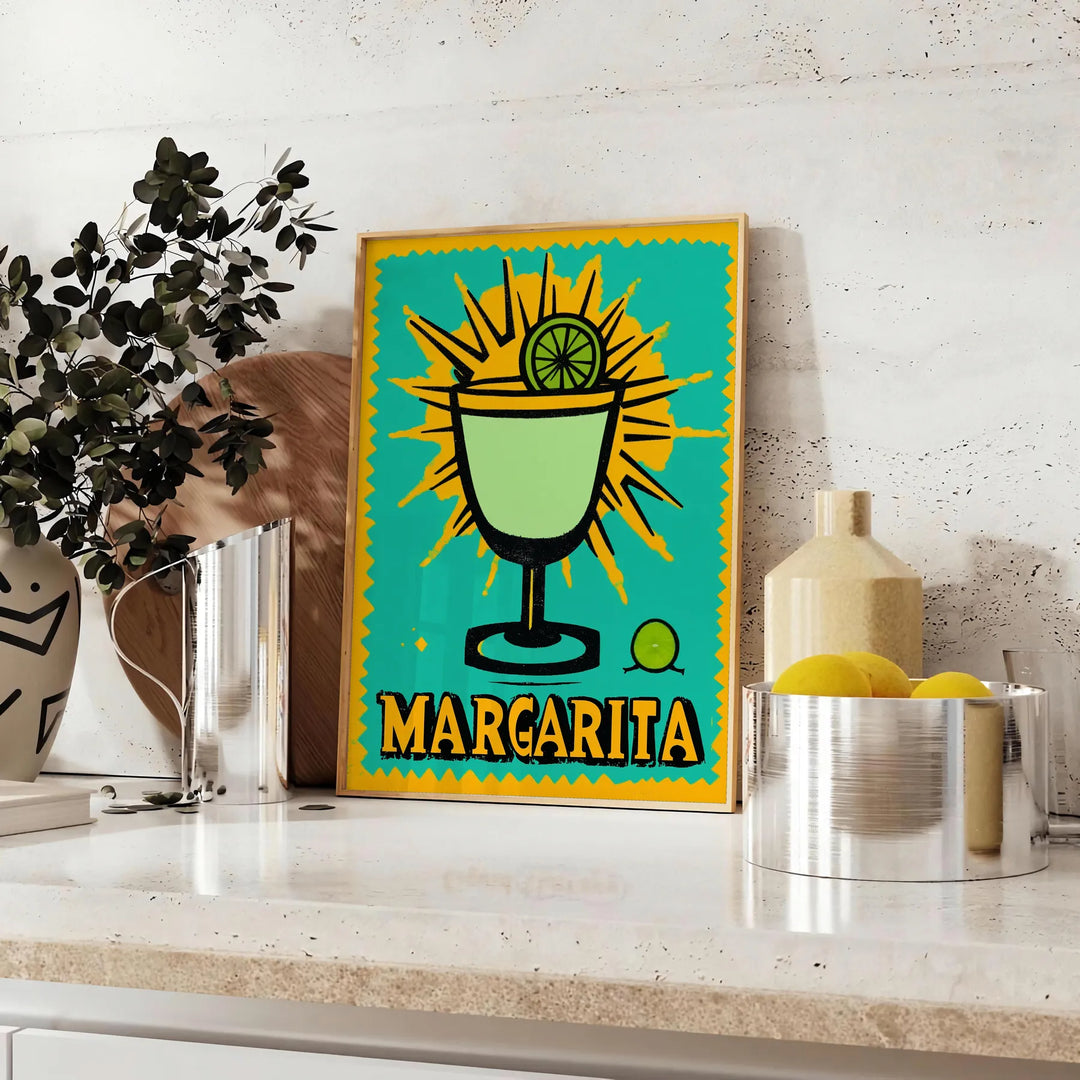 Colorful illustration of a margarita cocktail with lime and salt