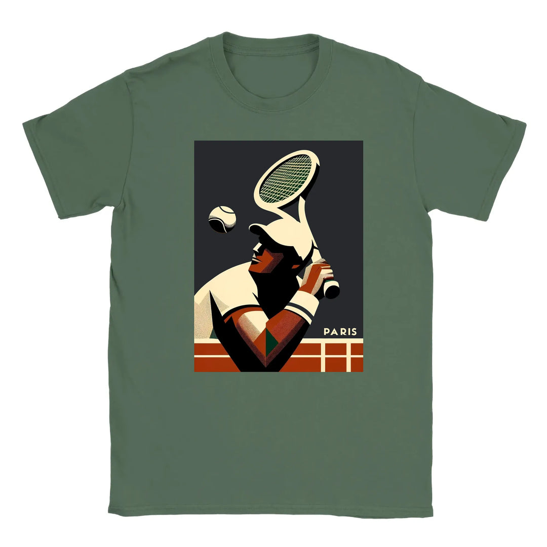 T-shirt featuring a graphic design of tennis elements and Paris landmarks