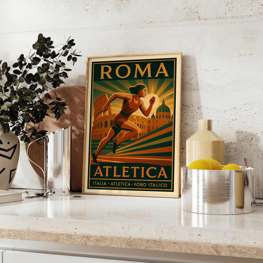 Athletic woman in vintage style with Rome skyline, yellow and brown tones