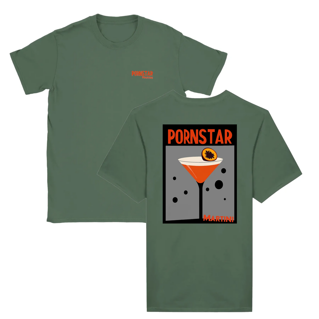 T-shirt featuring a graphic of a Pornstar Martini cocktail
