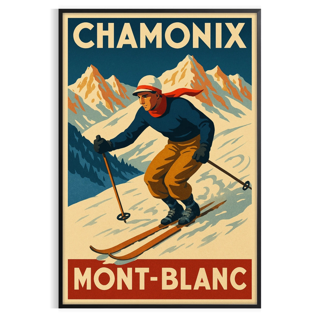 Vintage ski scene featuring Mont Blanc in white, brown, and red hues