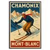 Vintage ski scene featuring Mont Blanc in white, brown, and red hues