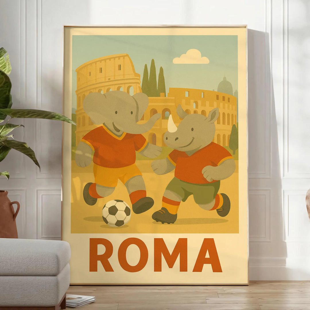 Illustration of an elephant and rhinoceros playing football in bright colors