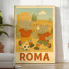 Illustration of an elephant and rhinoceros playing football in bright colors