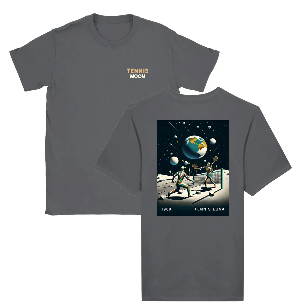 T-shirt featuring a graphic of a tennis ball and moon