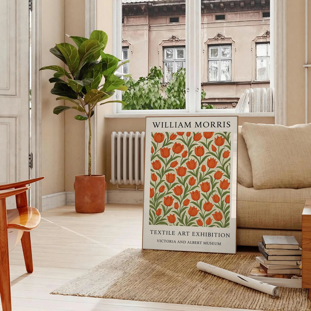 Gray and orange floral pattern in the style of William Morris