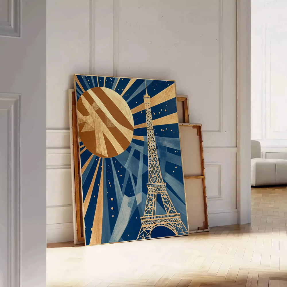 Art Deco poster of Paris featuring a stylized city skyline in green and brown